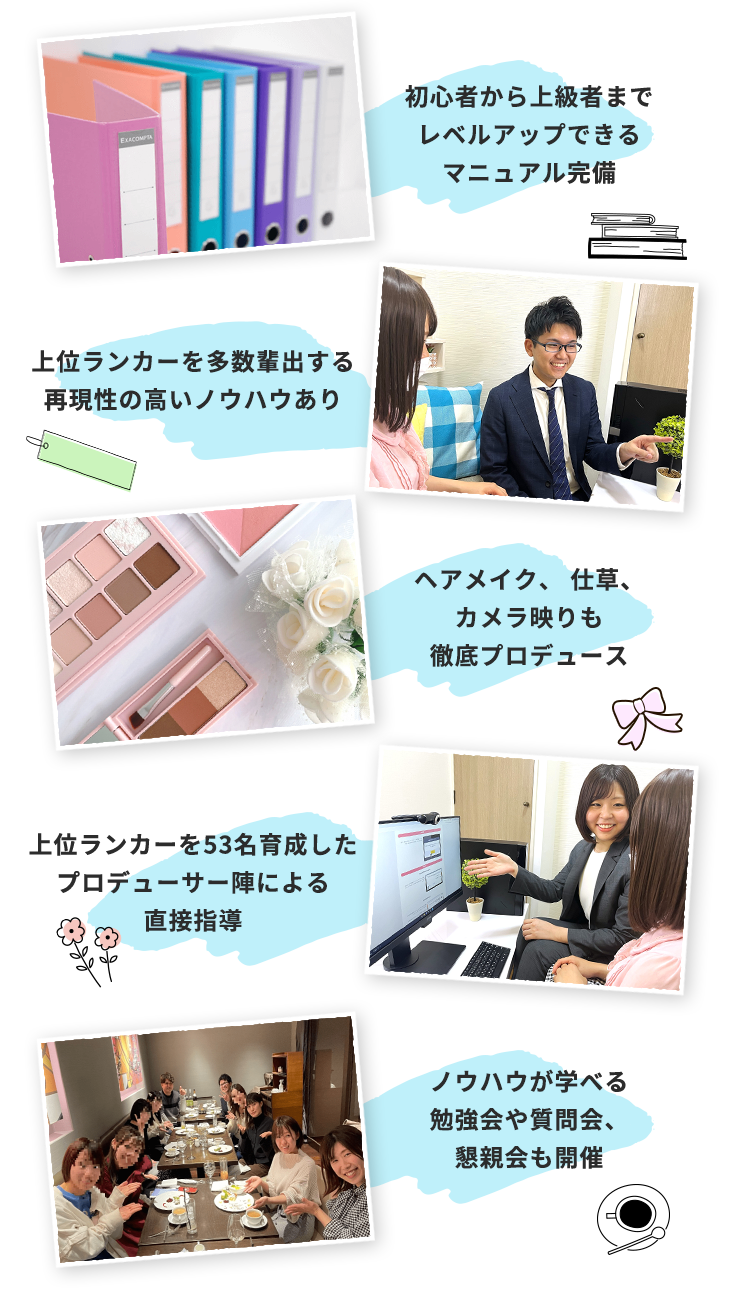 初心者から上級者までレベルアップできるマニュアル完備 上位ランカーを多数輩出する再現性の高いノウハウあり ヘアメイク、 仕草、カメラ映りも徹底プロデュース 上位ランカーを53名育成したプロデューサー陣による直接指導 ノウハウが学べる勉強会や質問会、懇親会も開催