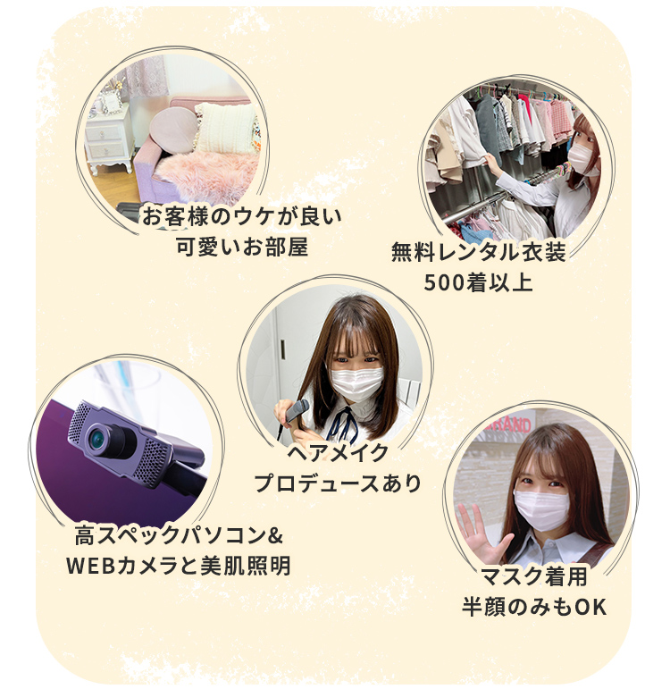 お客様のウケが良い可愛いお部屋 無料レンタル衣装500着以上 ヘアメイクプロデュースあり 高スペックパソコン&WEBカメラと美肌照明 マスク着用半顔のみもOK