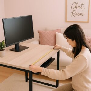 清涼感のあるチャットルームでテーブルを採寸している様子